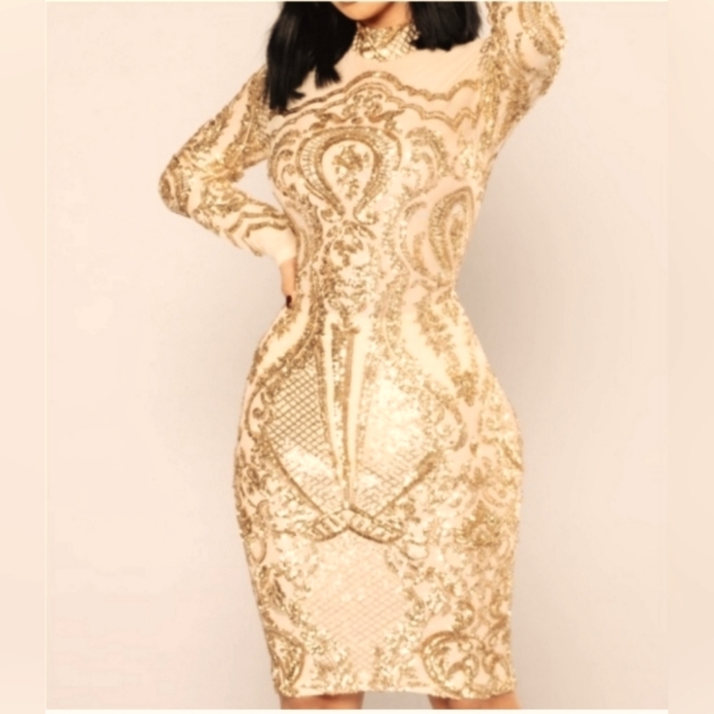 Gold sequin Sheer nude mesh dress Medium Long Sleeve EUC - Picture 5 of 6